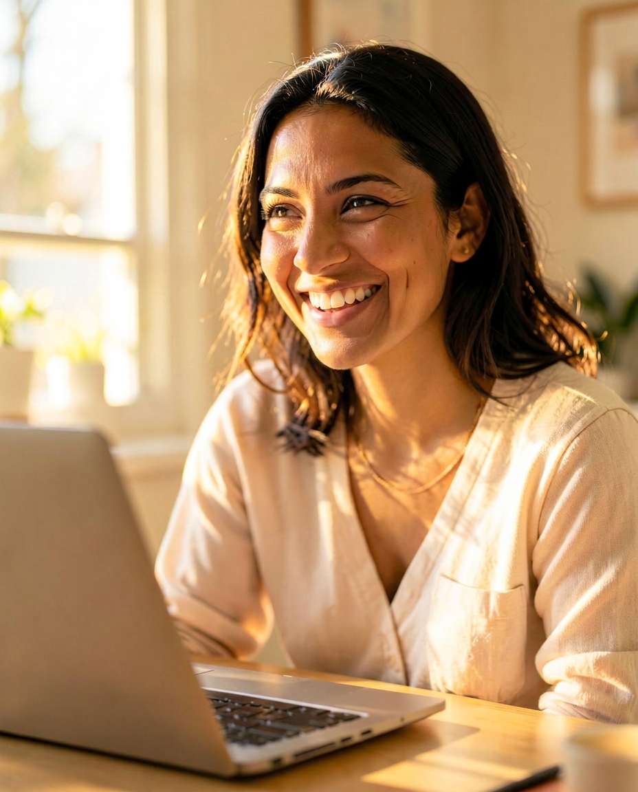 Persona aprendiendo marketing digital, feliz y motivada